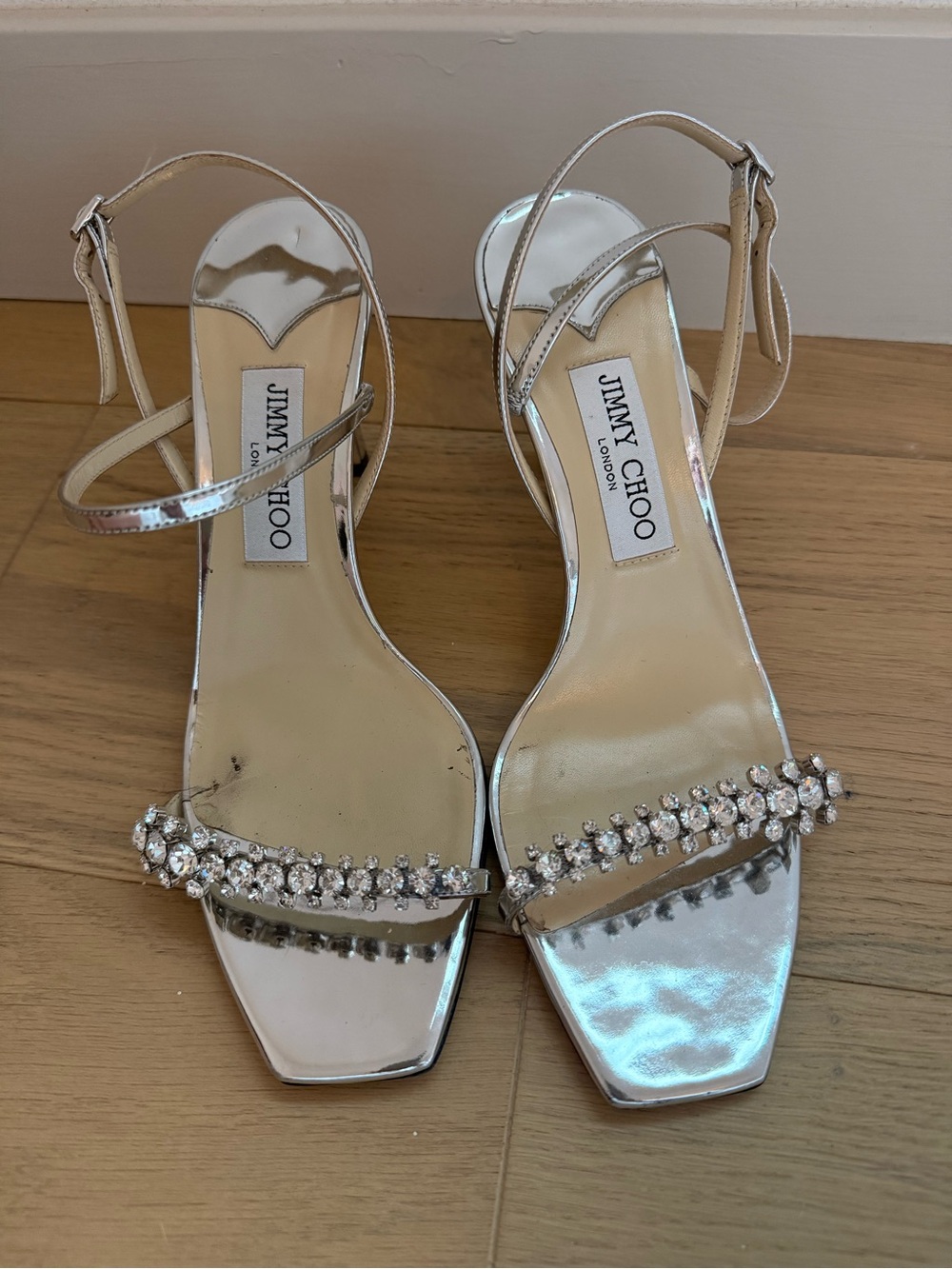 Jimmy Choo Silver Crystal Embellished Strappy Heels